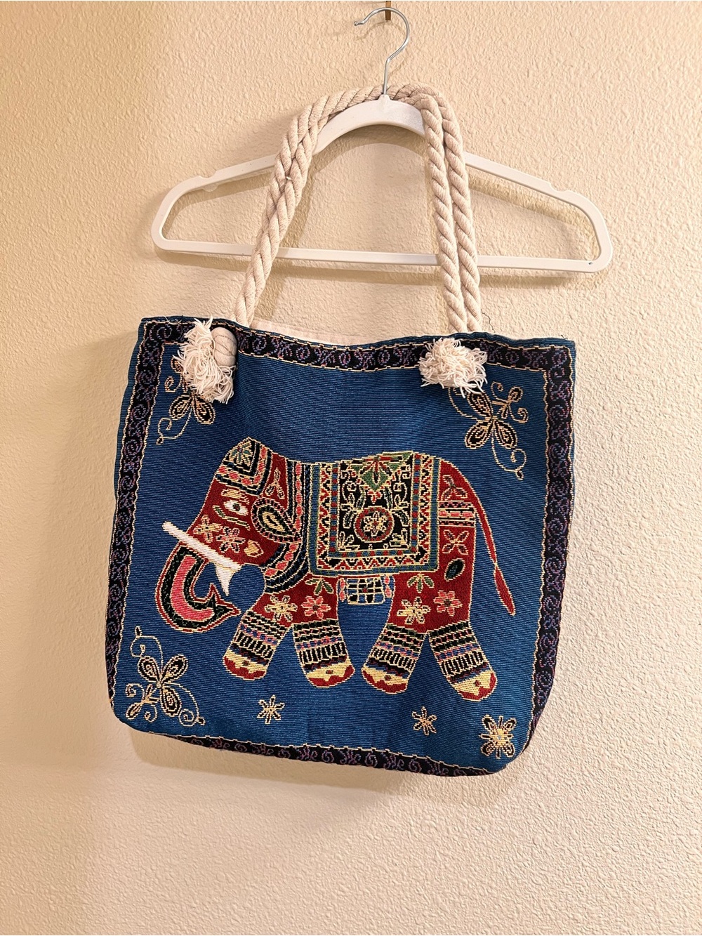 Blue Elephant Embroidered Tote Bag with Rope Handles